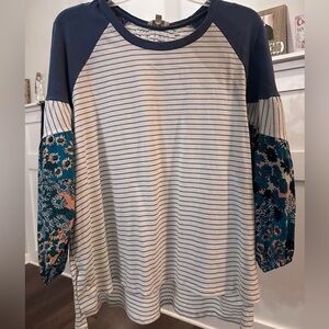 Umgee Boutique Striped Top with Floral Sleeves - Navy/White